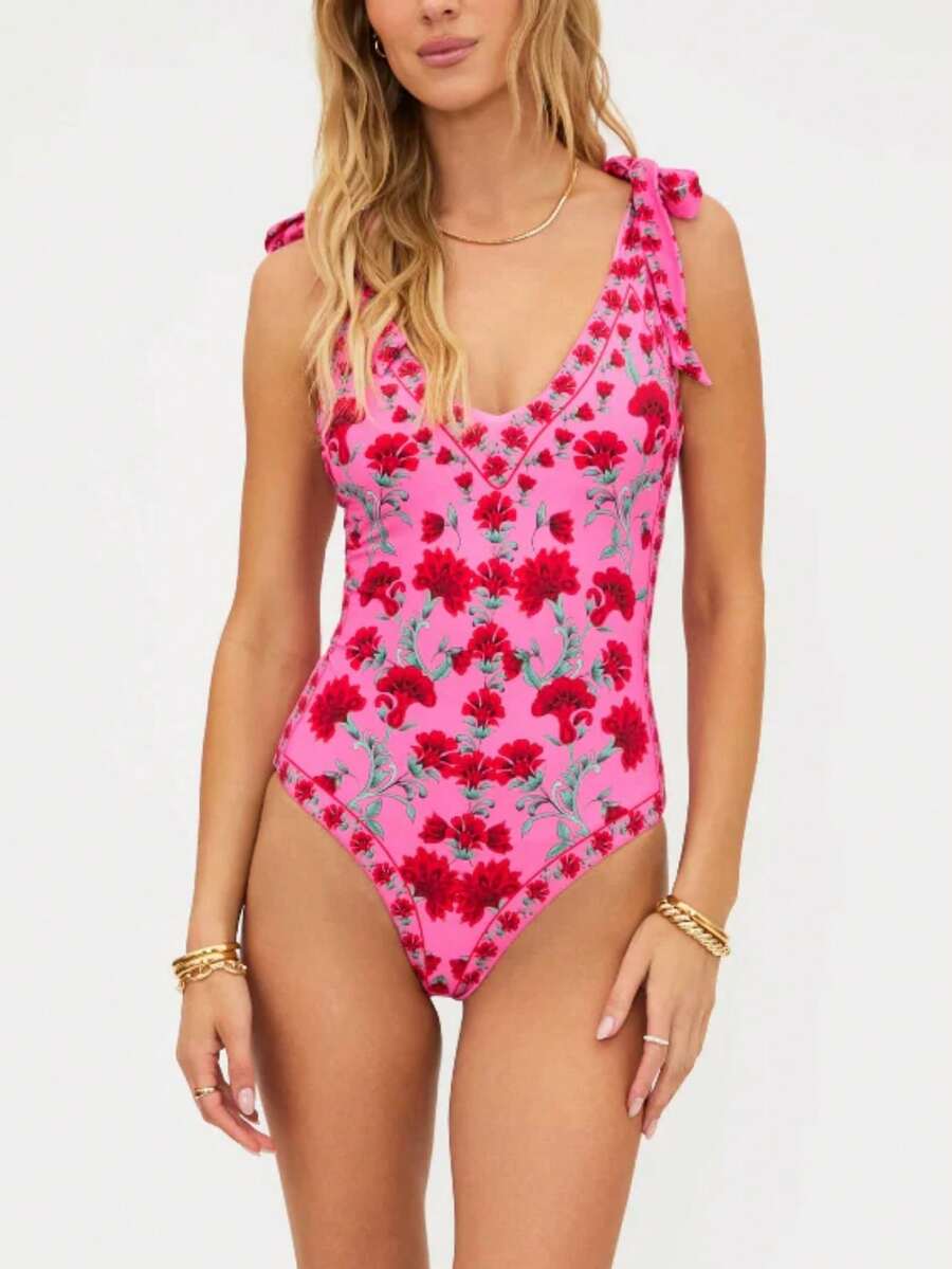 2026 Summer Beach Allover Print Backless One Piece Swimsuit,Elegant,Valentine's Day,Beach,Vacation,Carnival,Casual,Chic,Summer Outfits,Summer Holiday Outfits,Spring,Valentine Outfits For Women,Carnival. - 彩色 - 查看 1