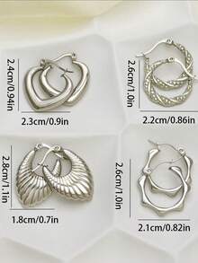 3 Pairs (Randomly Selected) Of Casual-Style Earring Sets / Stainless Steel Casting / Heart-Shaped Design / Irregular Circles And Other Geometric Patterns. These Minimalist, Fashionable Earrings Are Suitable For Women's Everyday Wear Or As Gifts. - Silver - View 2