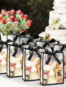 5pcs Transparent Plastic Gift Bags With Die-Cut Handles, Reusable PP Flower Bags With Ribbons, Suitable For Weddings, Brides, Birthday Parties, Business Occasions, Can Be Used As Mother's Day Gift Packaging (Black) - Black - View 7