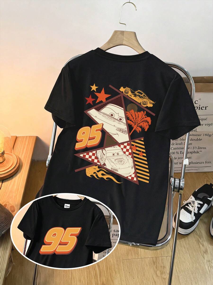 Disney Men's Casual Short-Sleeved Crew Neck T-Shirt, Featuring A Cartoon Lightning McQueen Line Drawing, Racing Car Silhouette, And Palm Tree, Flame, And Checkered Flag Elements Print. Suitable For All Seasons And Everyday Wear. Men's Graphic T-Shirt, Men's Clothing. - Black - View 1