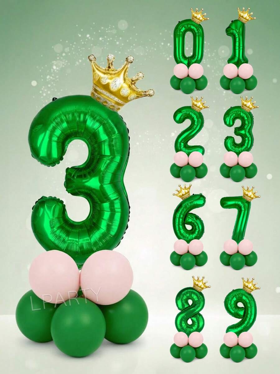 12pcs/Set 32-Inch Green Number 0-9 Birthday Party Decorative Balloons, 10-Inch Light Green And Macaron Pink Latex Balloons, Mini Gold Crown Shaped Balloons, Suitable For Birthday, Baby Shower, Princess Theme Party Decorations - Green Numbers - View 1