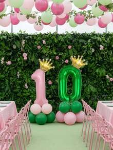 12pcs/Set 32-Inch Light Pink Number 0-9 Balloons For Birthday Party Decoration, 10-Inch Light Green And Macaron Pink Latex Balloons, Mini Gold Crown Shaped Balloons, Suitable For Birthday, Baby Shower, Princess Theme Party Decorations - Pink Numbers - View 3