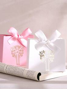 5pcs Christian Easter Gift Boxes With Gold Cross & Floral Patterns, Tied With Ribbons And Wrapped In Religious Themes, Suitable For Easter, First Communion, Baptism And Wedding Favors - Multicolor - View 5