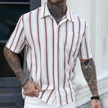 Men's Striped Short Sleeve Single-Breasted Pocket Textured Casual Shirt - Red and White - View 7