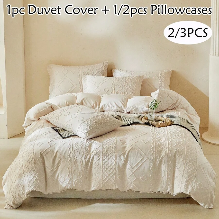 Bộ ga trải giường 2/3 món kiểu Boho dệt jacquard, họa tiết hình học cổ điển, mềm mại và thoáng khí, có thể giặt máy, phù hợp cho phòng ngủ, phòng khách (1 ga trải giường + 1/2 vỏ gối, không kèm ruột chăn) - Màu Khaki - Xem 1