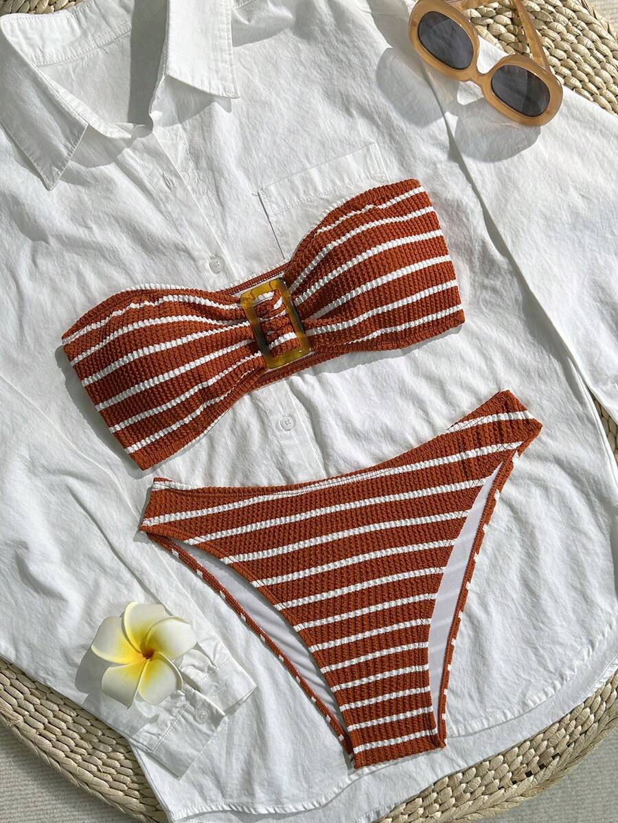 2pcs Ribbed Fabric Bikini Set, Suitable For Graduation Season And Independence Day Vacation - Brown - View 1
