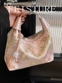 1pc Solid Color Nylon Fabric Chinese Style Embroidered Floral Bucket Tote Bag, Suitable For Shopping, Dating, Women's Gift, Office Lady, Ideal For Office, School, Work, Commuting - Pink - View 7