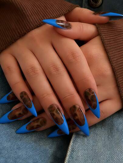 Instantly Upgrade Your Look With 24pcs Medium Almond Shape Press-On Fake Gel Nails Mysterious Fashion Navy Blue French Ombre Leopard Print Press-On Nails Cool And Edgy Leopard Pattern Blue French Fake Nails Full Coverage Fake Nail Kit For Women And Girls Includes 1sheet Adhesive Tabs & 1pc Mini File Strip Jelly Gel Random Shipment