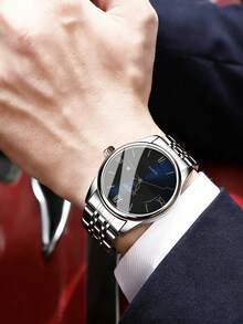 1pc JUSMI Business Minimalist Men's Quartz Watch, Silver Steel Strap Calendar Wristwatch, Versatile For Commuting, Suitable As Gift For Holidays And Daily Wear - one-size - View 5