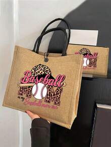 棒球妈妈生活帆布手提袋套装，零钱包，信件袋，拉链袋，个性化礼品套装，卡通趣味多功能手提袋，黄色亚麻黑色手提袋配黑色搭扣，购物袋，化妆袋，收纳袋 - 彩色 - 查看 5