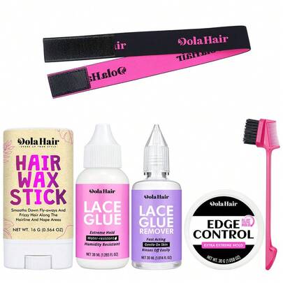 6件套假发安装配件套装，包括：38毫升蕾丝假发粘合剂、防水蕾丝假发胶、30毫升假发胶带去除剂、30克强力定型啫喱、16克定型蜡、双面造型梳、蕾丝融合胶带和松紧带