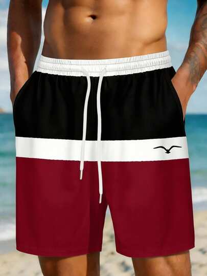 Shorts de playa para hombre talla grande, estampado de arte de contraste de gaviota en color hawaiano para resort casual al aire libre, impresión digital 3D, shorts de playa casuales diarios de resort de capa única con cordón