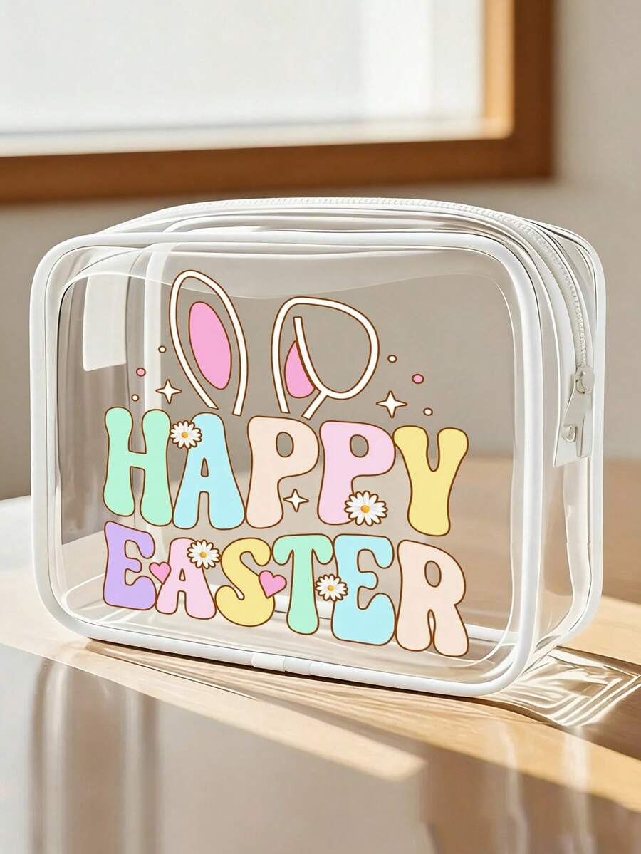 Felices Pascuas, Bolsa de cosméticos con estampado de conejo de Pascua, disponible en tamaños grande y pequeño, bolsa organizadora de viaje con cierre de cremallera de PVC, bolsa de maquillaje y artículos de tocador ligera y resistente a la decoloración para mujeres y niñas - Multicolor - Ver 1