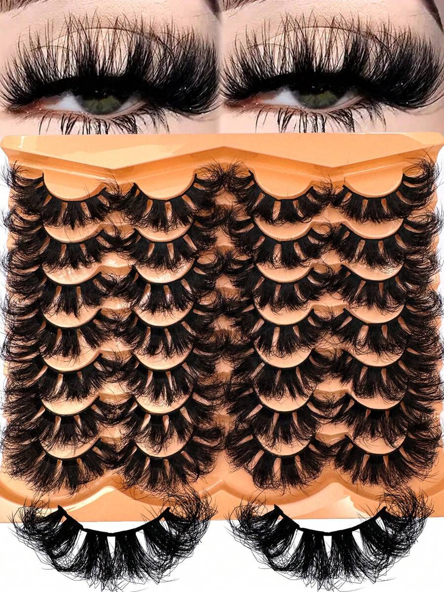 14 Pairs 9D Faux Mink Lashes, Soft & Fluffy Fake Eyelashes, Dramatic Messy Mink Lashes, Cat Eye Lashes, Extra Long & Thick Lashes, Comfortable & Versatile Multilayer Curly Handmade Lashes Suitable For Beginners, Reusable - 濃密款 - 查看 1