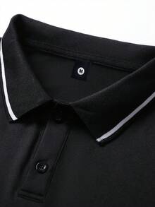 2pcs/Set Casual Polo Shirt Outfit, Short Sleeve T-Shirt With Polo Collar & Printed Pattern, Drawstring Waist Shorts, Suitable For Summer Sports, Beach, Outdoor - Black - View 4
