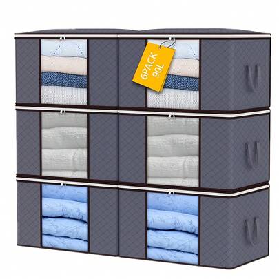 6 piezas Cajas de almacenamiento de tela plegables de gran capacidad rectangulares, estilo moderno, ventana transparente, doble cremallera, multiusos, adecuadas para dormitorio, dormitorio, armario y almacenamiento debajo de la cama