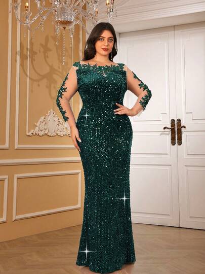 Floral Lace Patchwork Sequined Curve Evening Dress For Women Long Elegant Hollow Out O Neck Backless Wedding Party Maxi Gown