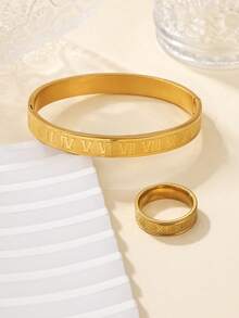 2pcs Stainless Steel Gold Roman Numeral Ring And Bracelet Set, Suitable For Women Wear Or Gift - Yellow Gold - View 3
