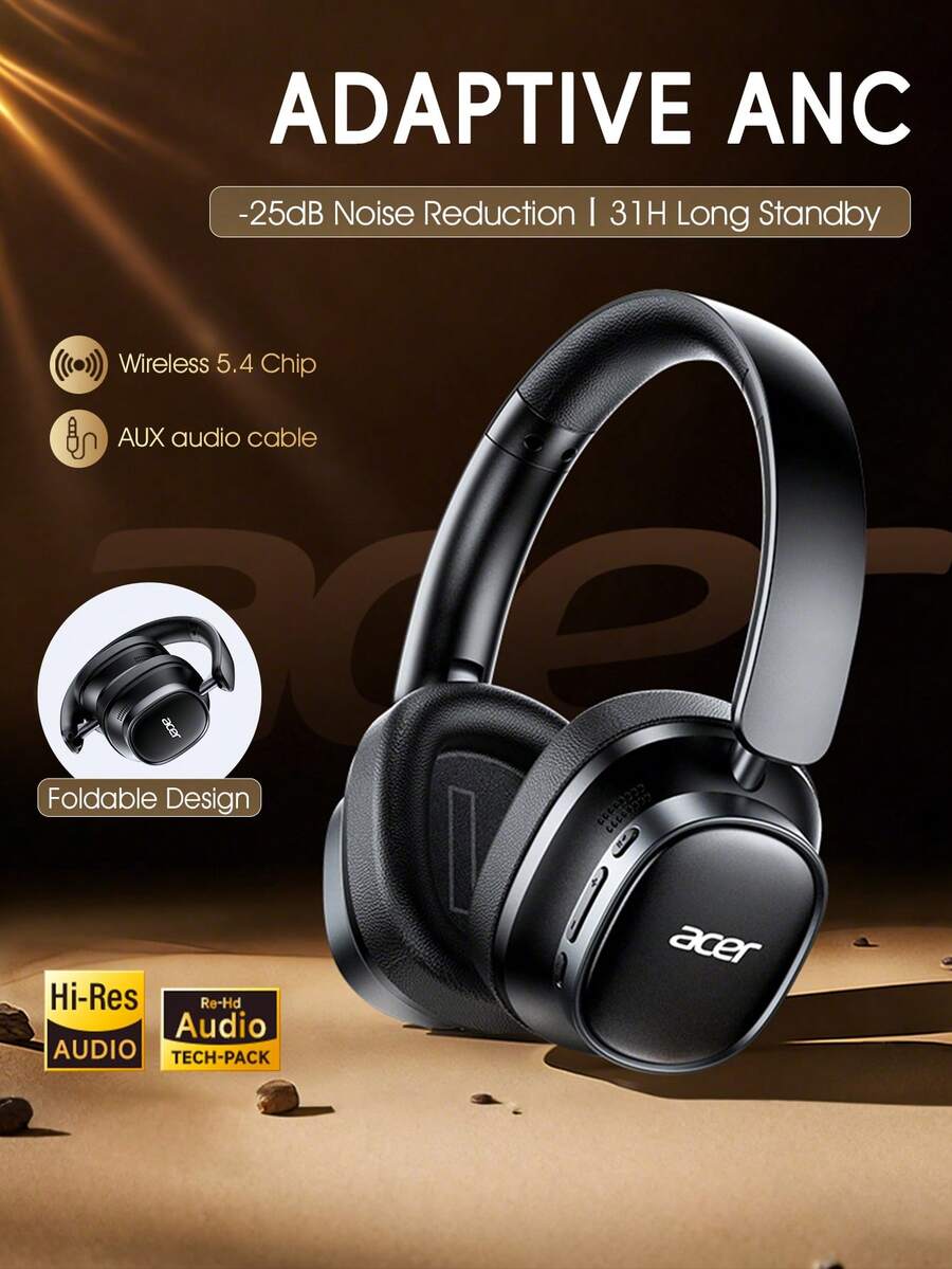 Acer OHR633 無線包耳式電競耳機，低延遲，ANC 雙麥克風降噪，內建 HD 麥克風，柔軟耳墊，可折疊可調節設計，相容 iOS/Android 手機