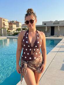Women's Halter Bodysuit Stylish Hot-fix Rhinestone Design Slim Fit Deep V Neck Romper - Café integral - Ver 5