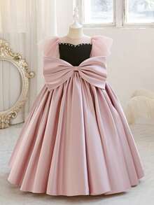 Teen Girl Elegant Ruffle Sleeve Handmade Beaded Black & Lotus Pink Satin Long Party Dress With 3D Bow Waist And Flared Skirt, Suitable For Wedding, Birthday, Party, Prom, Banquet, Flower Girl, Bridesmaid, Graduation - Dusty Pink - View 8