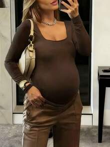 Pregnant Women's Square Neck Long Sleeve Bodysuit, High Elasticity, Suitable For Casual Daily Wear - Brown - View 1