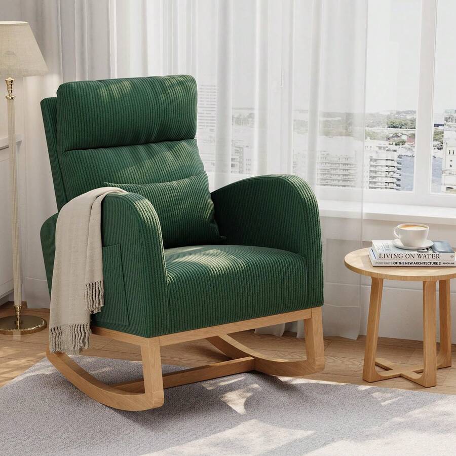 Sillón Mecedor de Lactancia Moderno con Cojín | Con Bolsillos Laterales para Almacenamiento | Ideal para Cuarto del Bebé, Sala o Dormitorio - Verde + Pana - Sin pedales - Ver 1