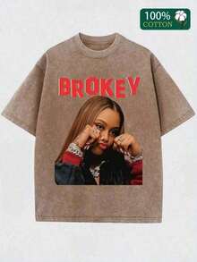 Camiseta gráfica "BROKEY" - 100% algodón, ligera 230g, estilo casual hip-hop, camiseta de cuello redondo de manga corta, lavable a máquina, muy adecuada para el verano EMO1 - Marrón - Ver 4