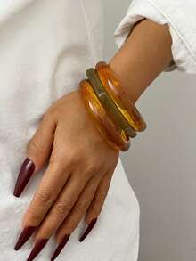 3 peças/Conjunto de Pulseiras de Resina Vintage Marrom e Verde para Mulheres, Conjunto de Pulseiras de Bracelete de Metal com Padrão Geométrico Assimétrico Tie Dye Floral, Acessório Minimalista Elegante Adequado para Festa, Banquete, Encontro, Presente de Aniversário - Multicolorido - Visão 2