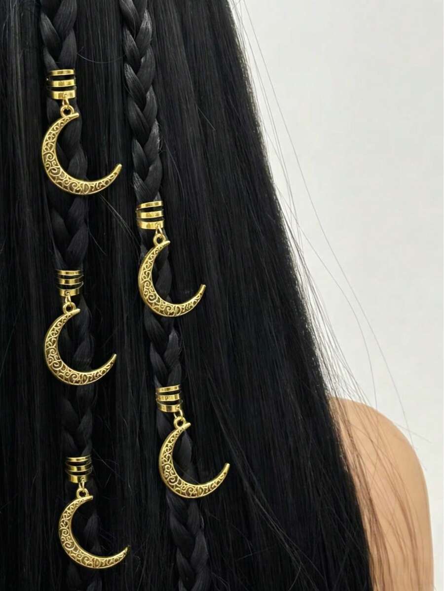 5件套纯金复古月亮发饰，女士发饰，节日发饰，爪夹 - 彩色 - 查看 1
