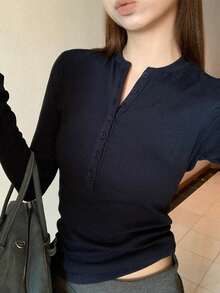 Women's Spring/Autumn Layering Basic T-Shirt, Elegant High-Quality Fitted Long Sleeve Top - Navy Blue - View 5