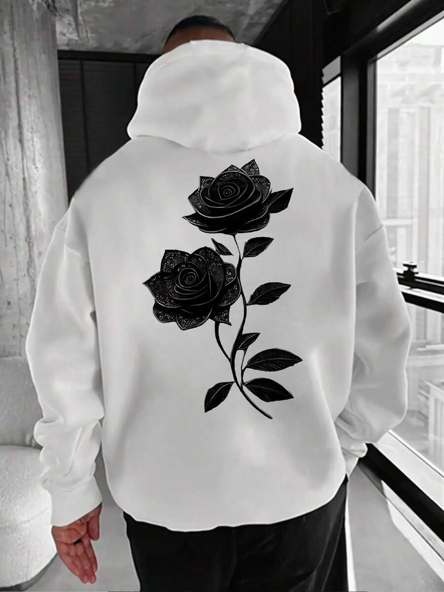 Men's Casual Versatile Rose Print Kangaroo Pocket Drawstring Hoodie, Autumn/Winter - White - View 1