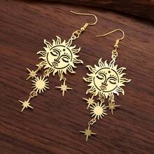 Brincos Vintage Vitorianos da Deusa Solar Dourada, Brincos Boemios Estilo Dangle com Rosto de Sol Oco e Padrão de Estrela, Adequados para Uso Diário - Ouro amarelo - Visão 2