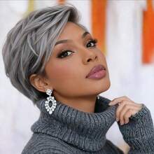 Grey Chic Pixie Cut Wig | Layered With Bangs, 180% Density, Glueless Brazilian Remy Hair, Straight Hairstyle, Comfortable Rose Net Cap, Perfect For Daily Wear & Party, Elegant Wigs - SGray - 查看 5