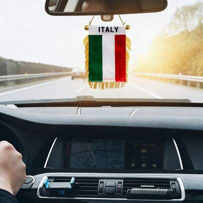 1pc Italy Window Curtain Hanging Flag With Tassels, Size 11x13cm Italy Mini Flag For Car Rearview Mirror, Mini Double-Sided Hanging Flag With Suction Cup