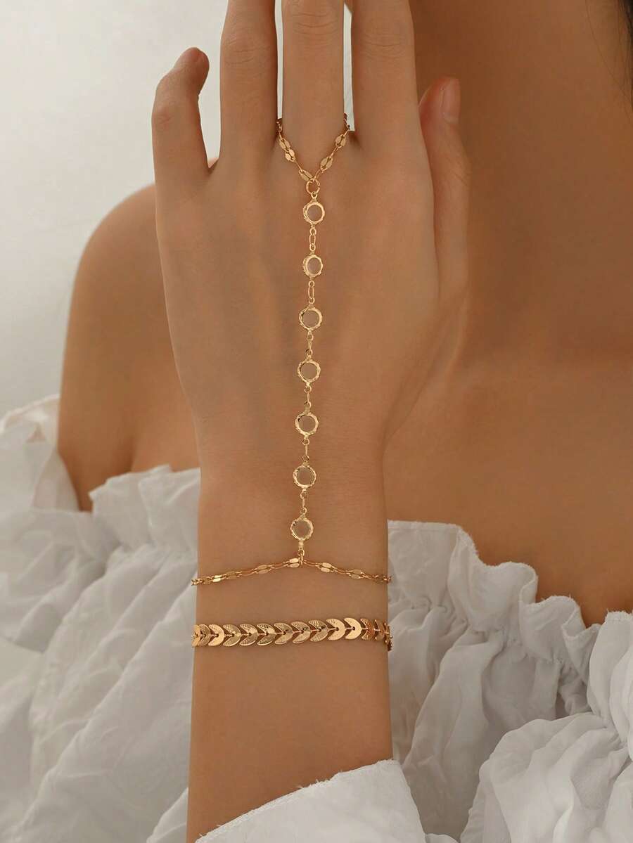 2pcs/Set Gelang Rantai Tulang Ikan Logam Emas Modis dan Serbaguna, Cincin Jari Rantai Kristal Transparan yang Menawan, Cocok untuk Pemakaian Sehari-hari, Pesta, Liburan Pantai, Buatan Tangan, Panjang Rantai Dapat Disesuaikan, Jumlah Manik Kristal Tidak Tetap - Emas - View 1