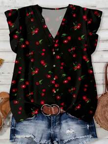 Casual Women's Black Cherry Print Blouse, V-Neck Ruffle Cap Sleeve Top With Buttons, Comfortable Woven Fabric For Everyday Or Spring - Multicolor - View 1