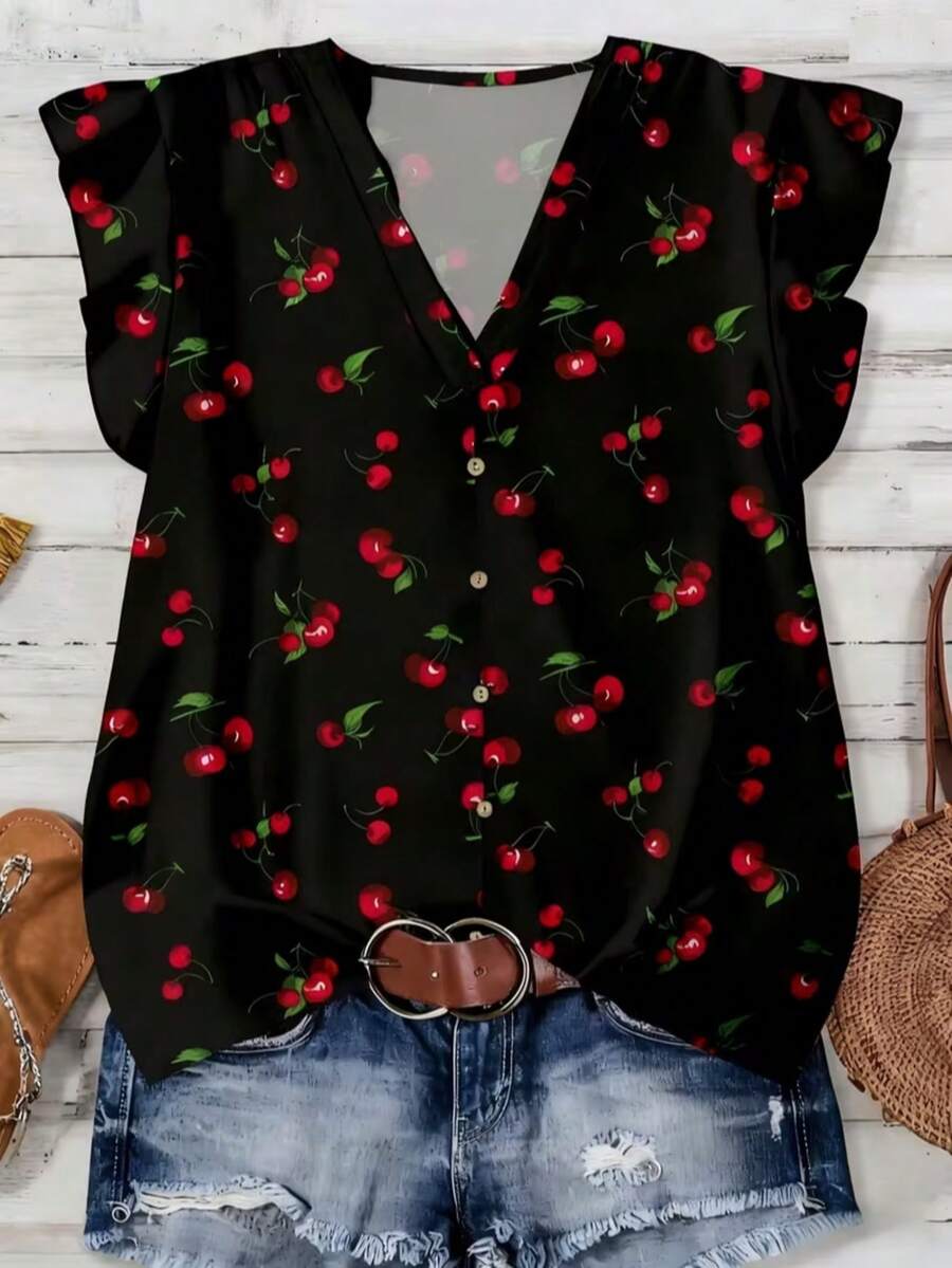 Casual Women's Black Cherry Print Blouse, V-Neck Ruffle Cap Sleeve Top With Buttons, Comfortable Woven Fabric For Everyday Or Spring - Multicolor - View 1