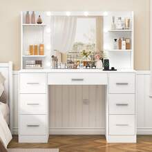 Large Vanity Table With Adjustable LED Lighting And Power Outlets, Vanity Table With Mirror, 7 Drawers, 4 Open Shelves And 5 Jewelry Hooks For The Bedroom, White - 查看 1