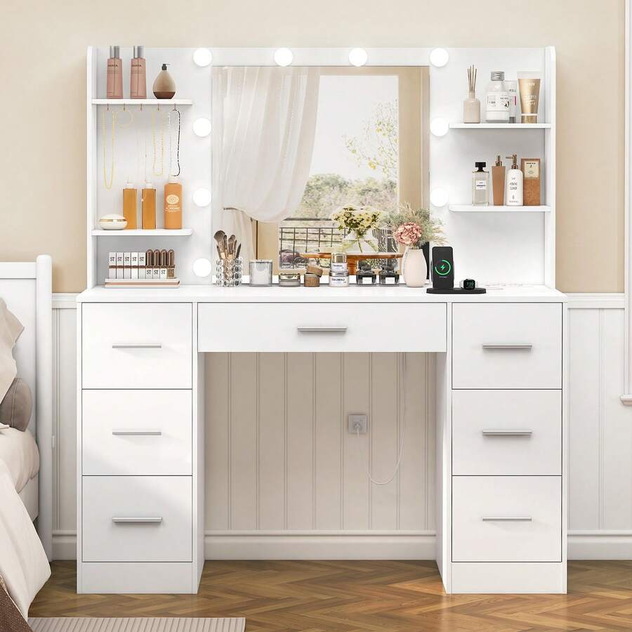Large Vanity Table With Adjustable LED Lighting And Power Outlets, Vanity Table With Mirror, 7 Drawers, 4 Open Shelves And 5 Jewelry Hooks For The Bedroom, White - 查看 1
