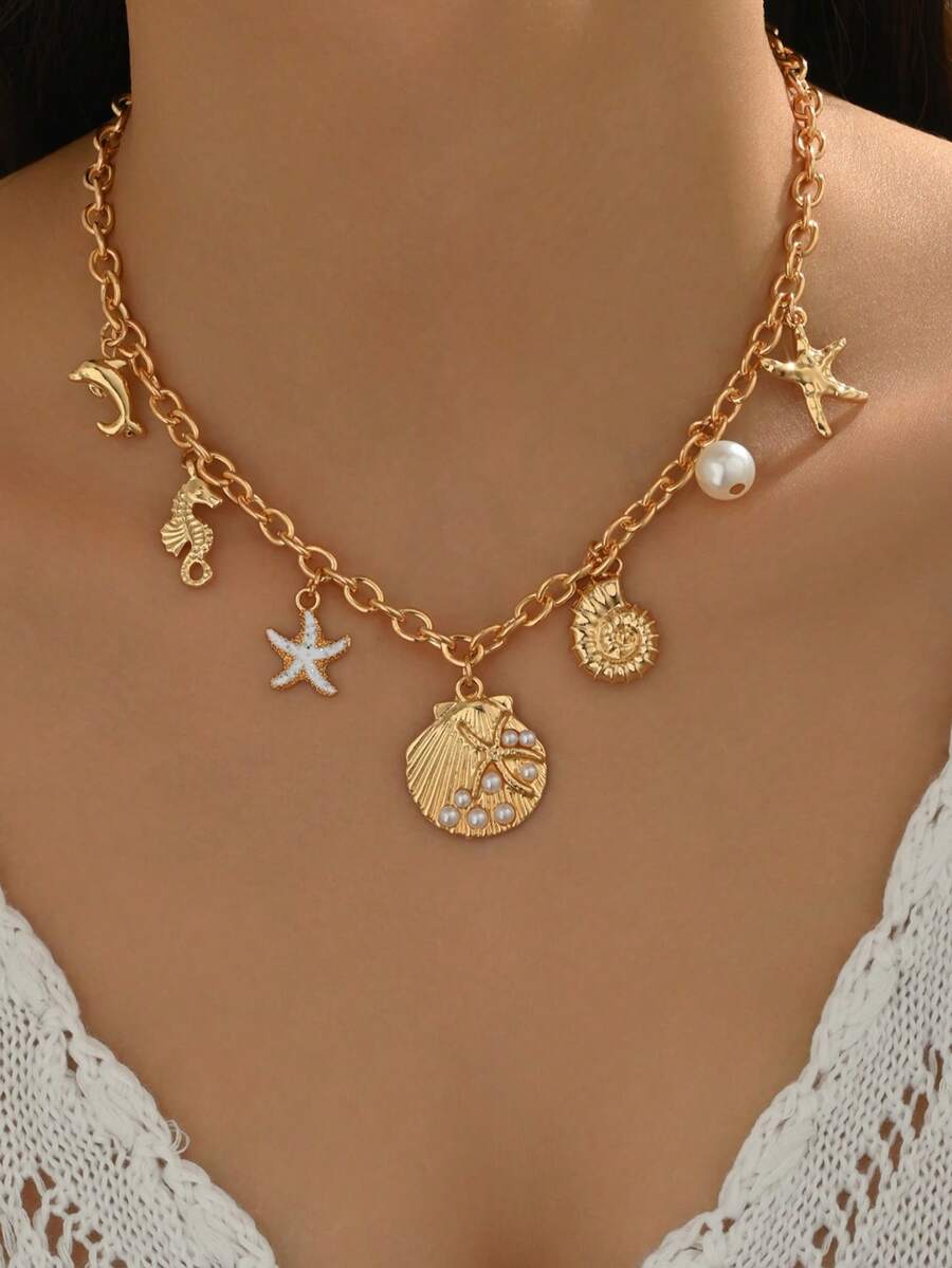 1pc Summer Ocean Style Dolphin, Seahorse, Starfish, Shell, Faux Pearl Pendant Necklace, Fashion Beach Vacation Gold Tone Jewelry For Women, Suitable For Daily Wear And Beach Travel - Golden - View 1
