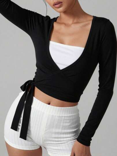 Soft Stretch Long Sleeve Yoga Workout T-Shirt, Versatile For All Seasons, Women's Yoga Top, Black Sports Top, Wrap Top