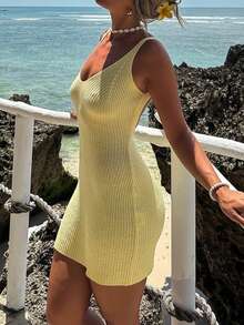女士夏季海滩度假黄色紧身性感露背迷你连衣裙 - 黃色 - 查看 5