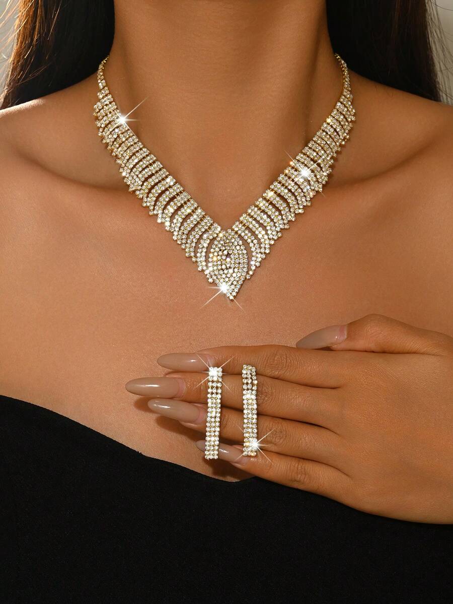 Luxury Bridal Crystal V-Shaped Necklace Set, Crystal Personalized Necklace + Earrings, Suitable For Weddings, Bridesmaids, Formal Dances And Party Gifts - 1768-hB Gold - View 1