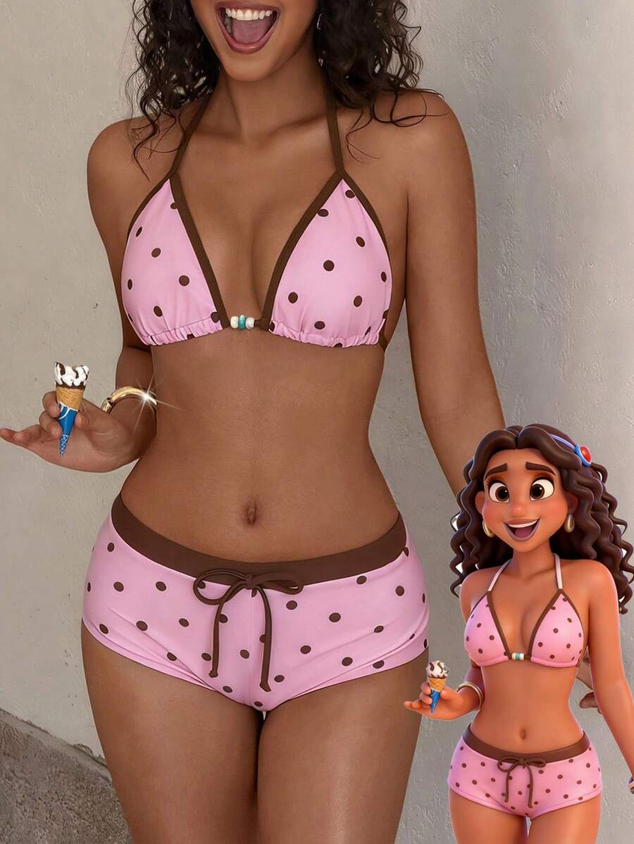 Bộ bikini nữ màu vàng chấm bi kiểu retro, thích hợp cho các buổi đi chơi, phong cách Y2K, dạo phố, nghỉ mát, bãi biển mùa hè.