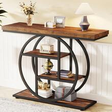 LITTLE TREE Industrial 4-Tier Console Table, 41.3" Sofa Table Entry Way Table With Circle Base, Narrow Wood Accent Tables With Storage Shelves For Living Room, Hallway, Foyer (Rustic Brown) - Nâu mộc mạc - Xem 9