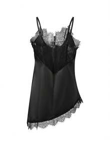 Women's Camisole Tops Stylish Solid Color Lace Trimmed Asymmetric Cut V Neck Sleeveless Spaghetti Strap Vest - Black - View 2