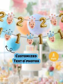7/14/21件套定制女孩生日横幅，个性化照片花环带蝴蝶结派对帽，7岁生日照片横幅拉旗，粉色/黄色/紫色蝴蝶结帽设计，可定制年龄和照片横幅，儿童生日派对装饰，个性化礼物，定制人脸横幅 - 白色 - 查看 1
