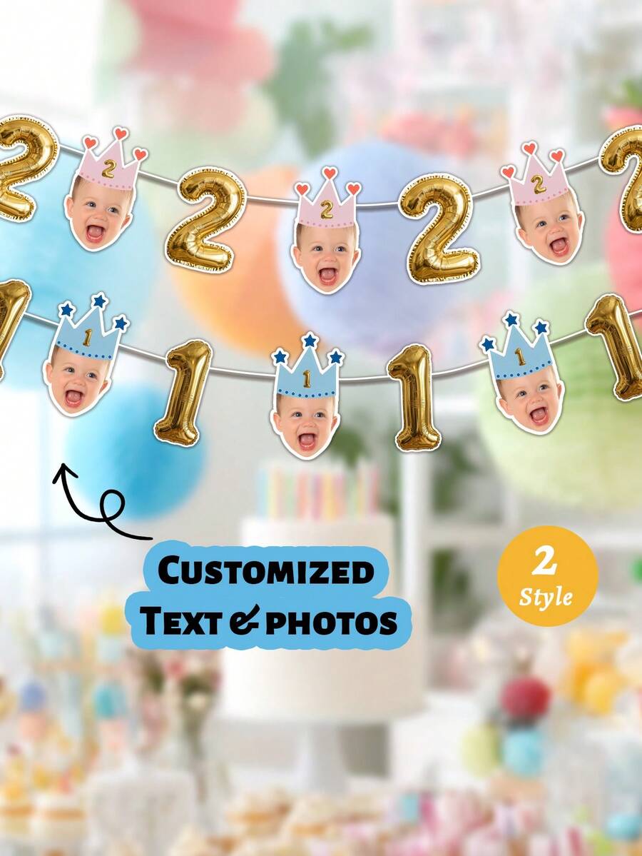7/14/21件套定制女孩生日横幅,个性化照片花环带蝴蝶结派对帽,7岁生日照片横幅拉旗,粉色/黄色/紫色蝴蝶结帽设计,可定制年龄和照片横幅,儿童生日派对装饰,个性化礼物,定制人脸横幅 - 白色 - 查看 1