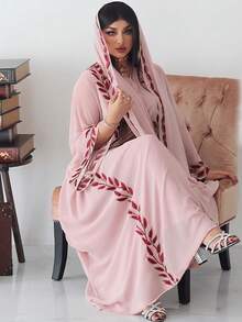 Fashion Street Style Summer Chiffon Embroidered Long Dress With Headscarf, Pink Round Neck, Modest Kaftan Spring - Pink - View 4